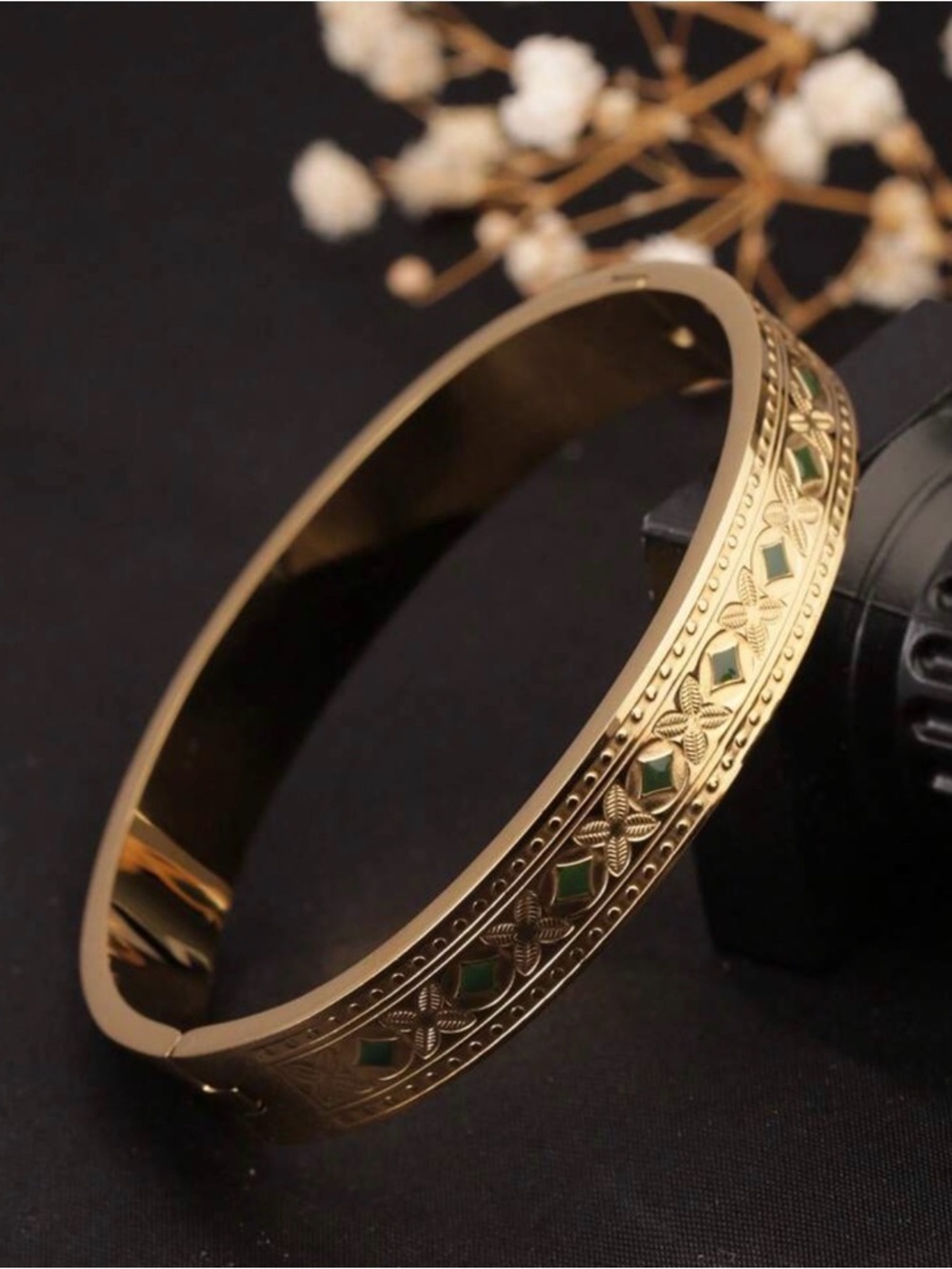 18k Gold Plated Stainless Steel Opening/Locking Green Enamel-Accented Bracelet